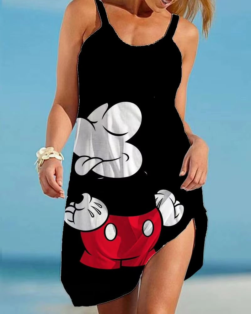 Women'S Causal O-Neck Sleeveless Ruffled Mini Skirt Bohemian Mickey Mouse Printed Beach Sun Skirt plus Size Loose Fitting Dress