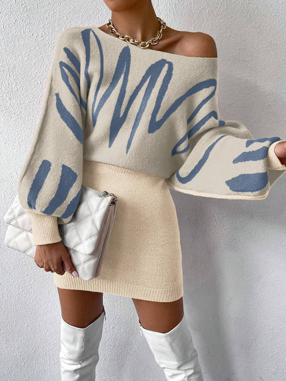 Chiquease Graphic Pattern Batwing Sleeve Sweater Dress Fall Winter Cloth for Women
