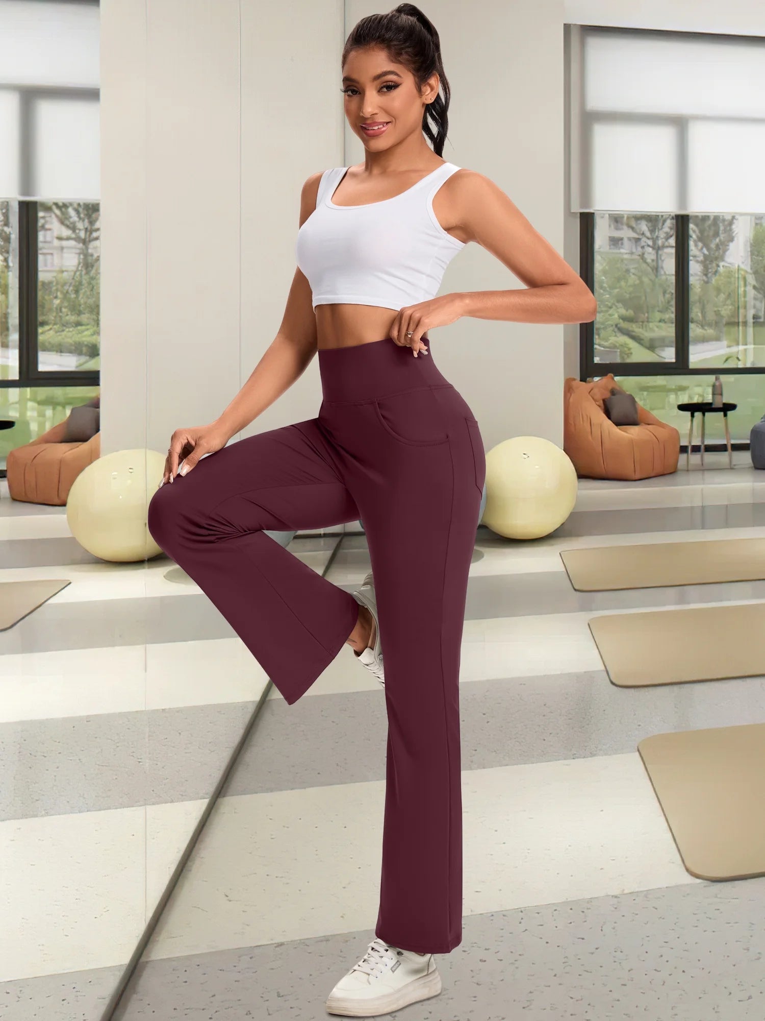 Women Flare Yoga Pants Workout Leggings Bootcut Bottoms Ankle Length Pockets High Waist Activewear M