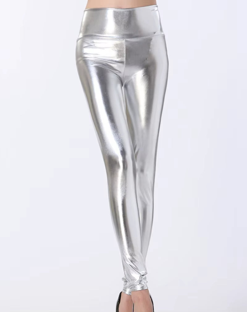 Lady Stretched High Waist Fashion Street Leggings Women Solid Silver Golden Sexy Pants Bright Imitation Leather Costume Legging