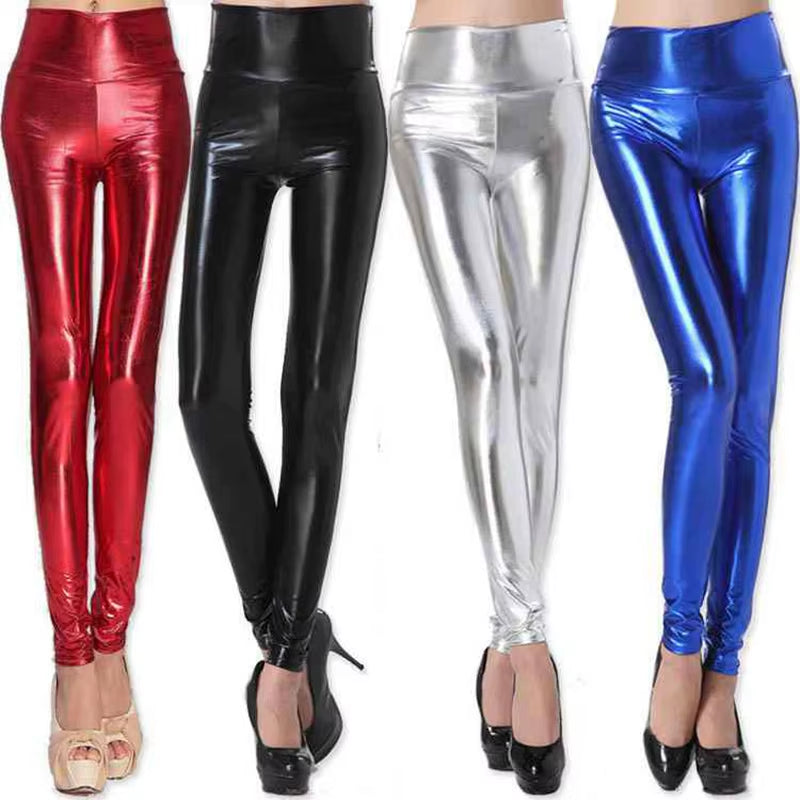 Lady Stretched High Waist Fashion Street Leggings Women Solid Silver Golden Sexy Pants Bright Imitation Leather Costume Legging