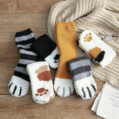 Plush Winter Funny Cute Style Animal Cat Paw Cartoon Pattern Women Cotton Socks Super Soft for Female House Sleeping Floor Sox