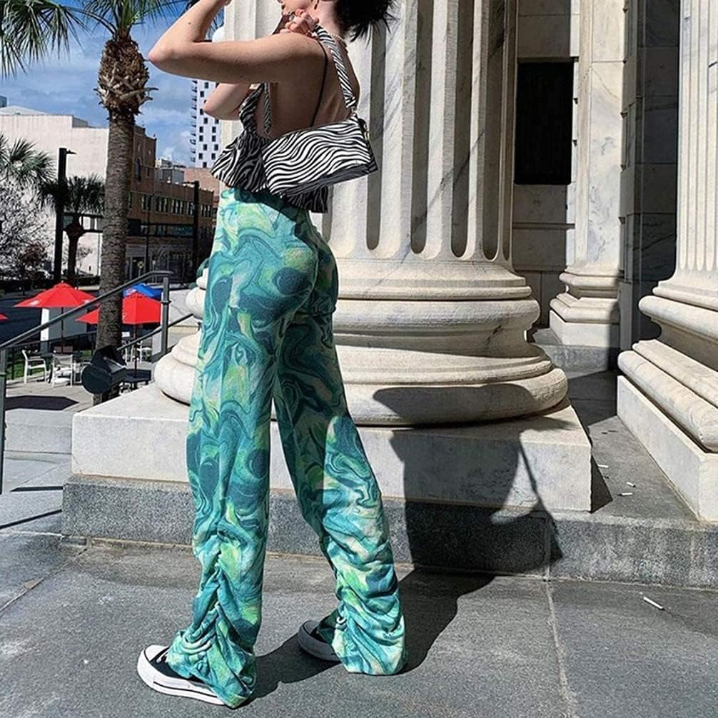 Y2K Pants for Women-Tiedye Printed High Waisted Flare Bell Wide Bottom Trousers Boho Green L
