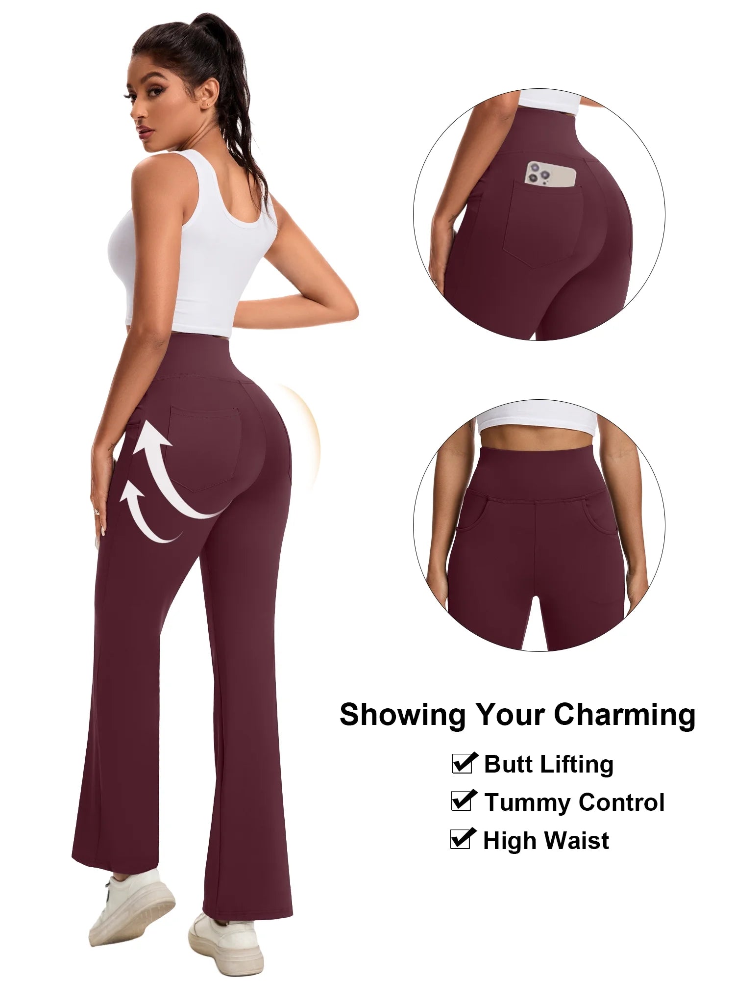 Women Flare Yoga Pants Workout Leggings Bootcut Bottoms Ankle Length Pockets High Waist Activewear M