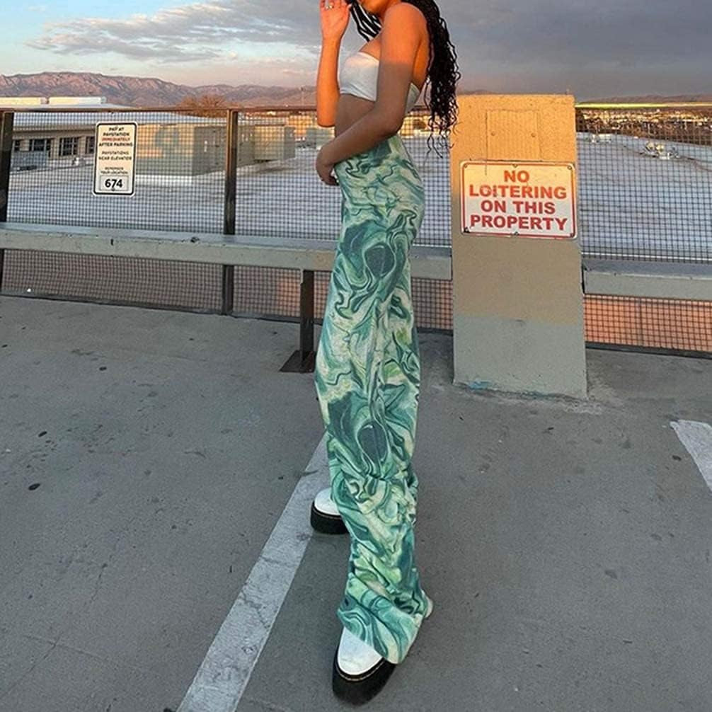 Y2K Pants for Women-Tiedye Printed High Waisted Flare Bell Wide Bottom Trousers Boho Green L