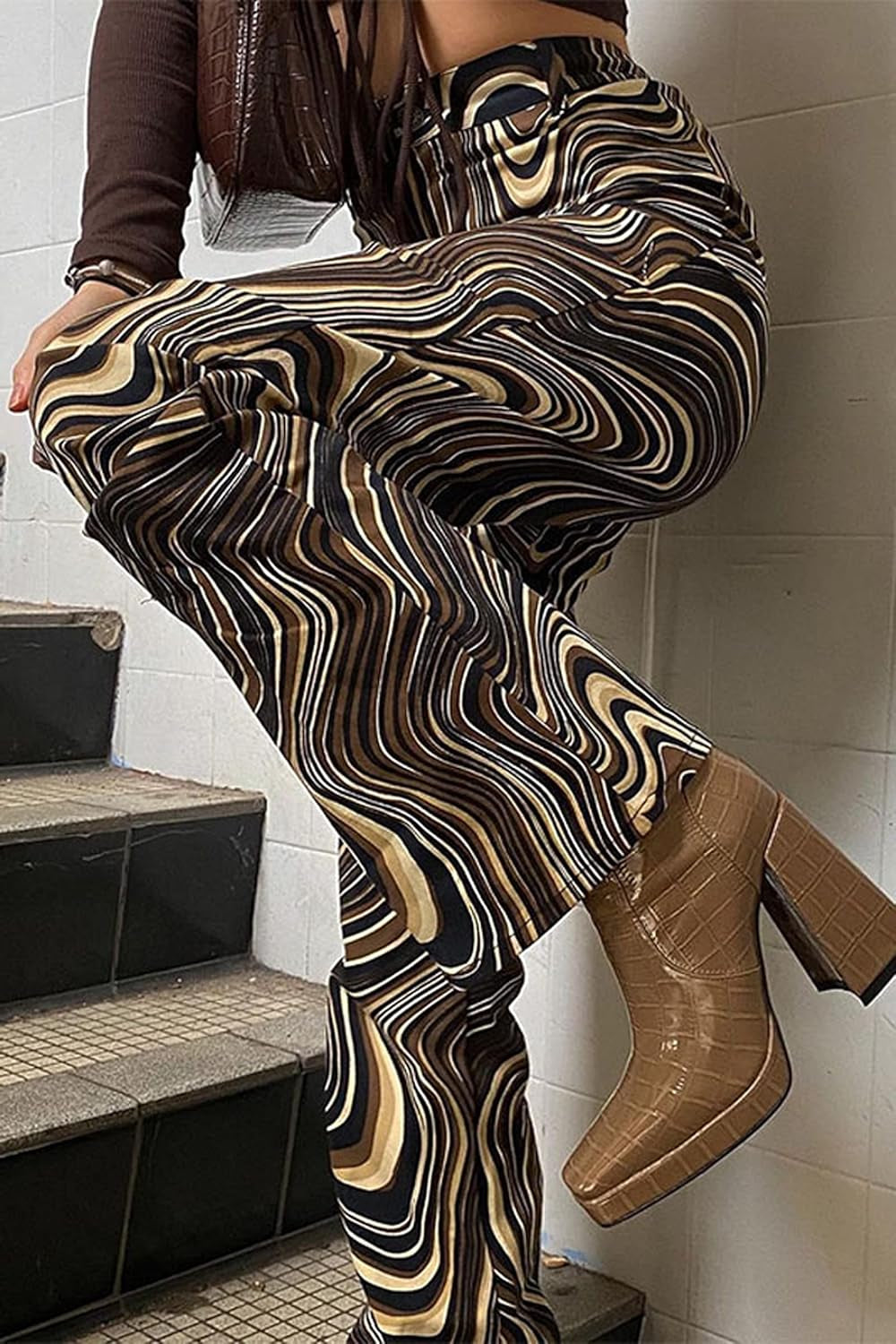 Women Y2K High Waist Pants Straight Leg Tie Dye Print Flared Bell Bottom 90S Vintage Streetwear Baggy Sweatpants Brown L