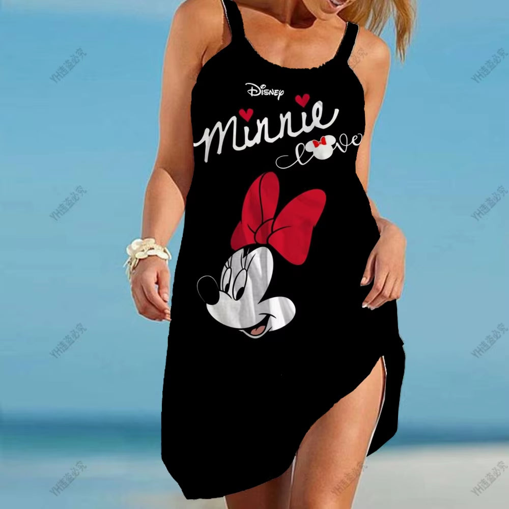 Women'S Causal O-Neck Sleeveless Ruffled Mini Skirt Bohemian Mickey Mouse Printed Beach Sun Skirt plus Size Loose Fitting Dress