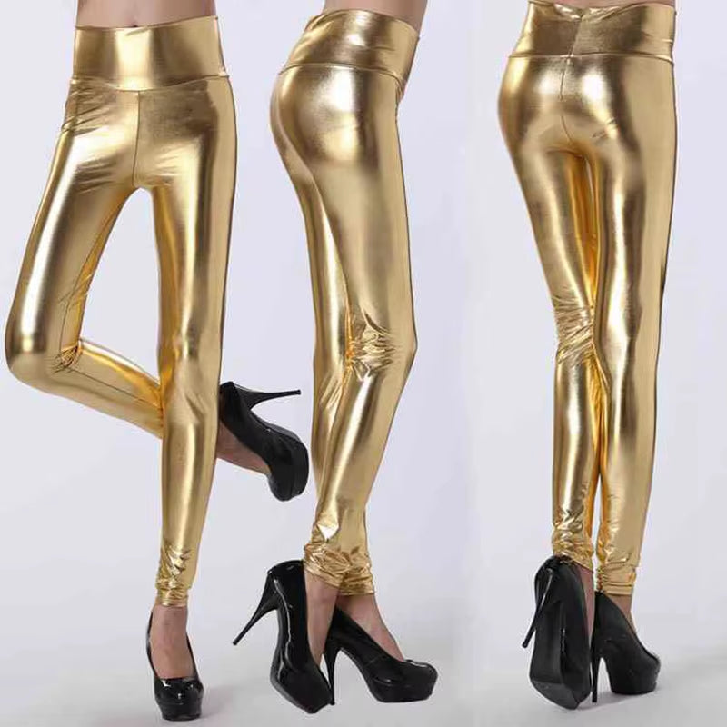 Lady Stretched High Waist Fashion Street Leggings Women Solid Silver Golden Sexy Pants Bright Imitation Leather Costume Legging