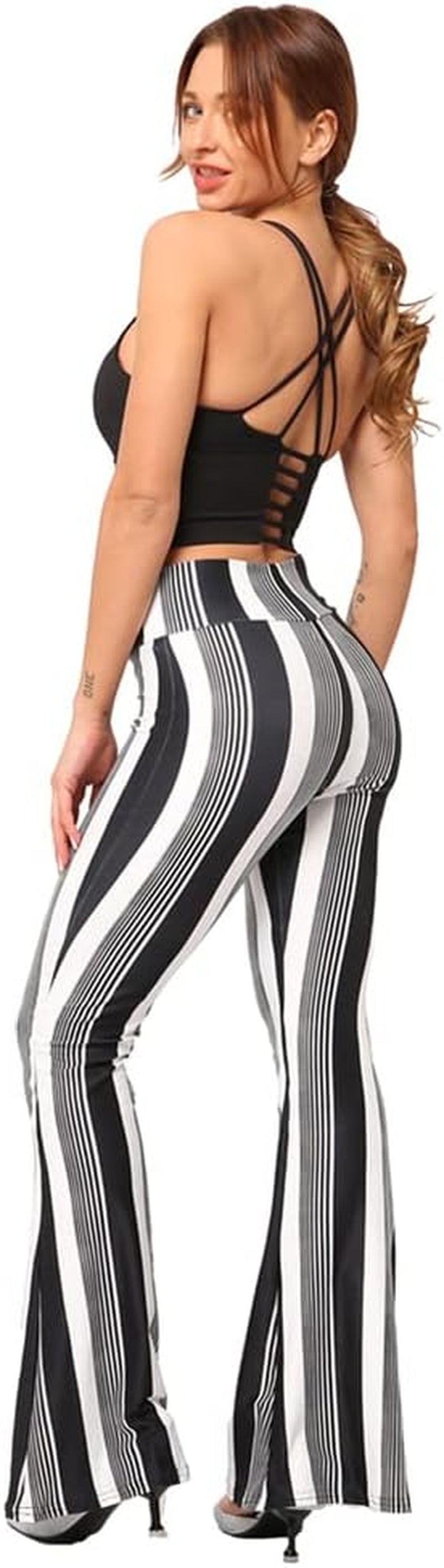 Women'S Ladies High Waist Boho Stripe Floral Print Flare Bell Bottoms Wide Leg Palazzo Yoga Pants Stretchy 70S Flared Leggings Long Trousers Black- Stripe Small-Medium