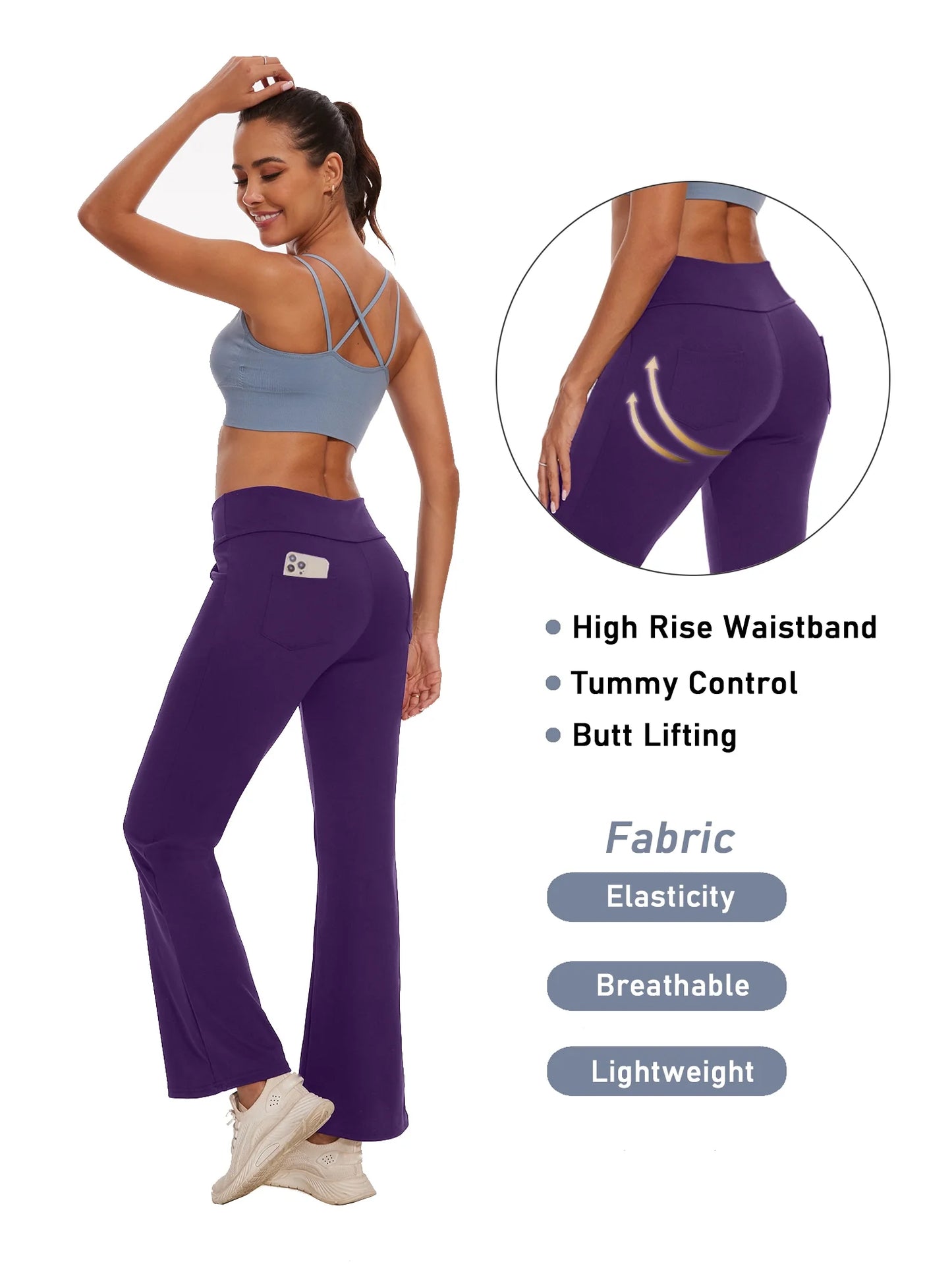 Womens Bootcut Yoga Pants with Pockets Flare Workout Legging High Waist Lightweight Bottoms Activewear Purple XL