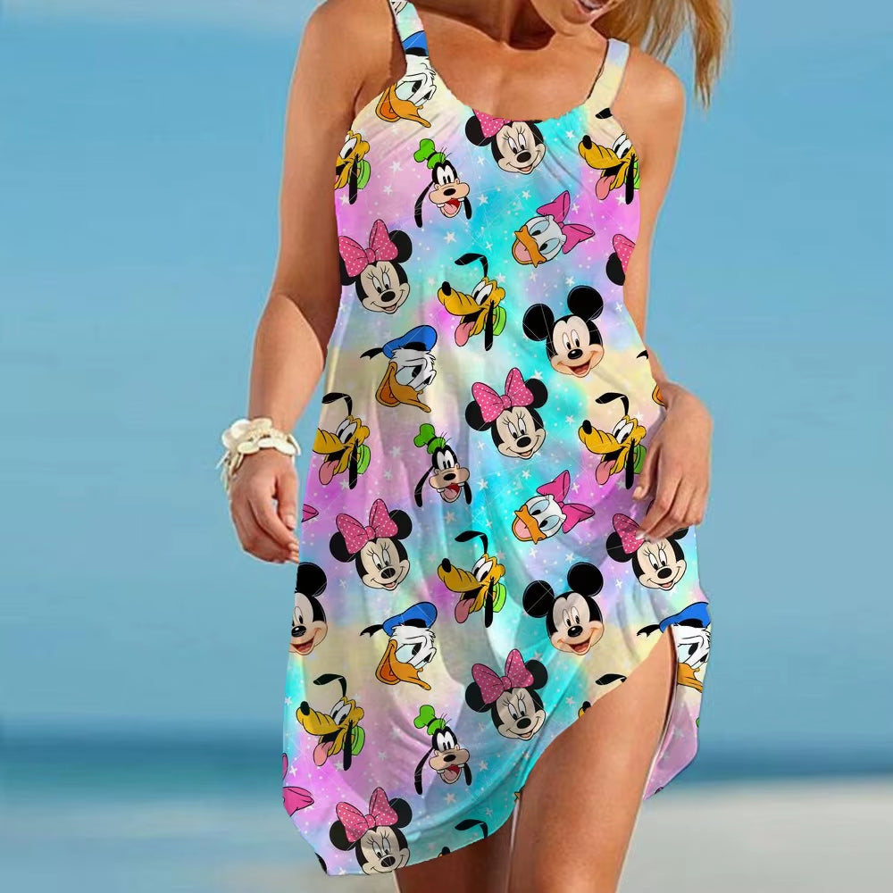 Women'S Causal O-Neck Sleeveless Ruffled Mini Skirt Bohemian Mickey Mouse Printed Beach Sun Skirt plus Size Loose Fitting Dress