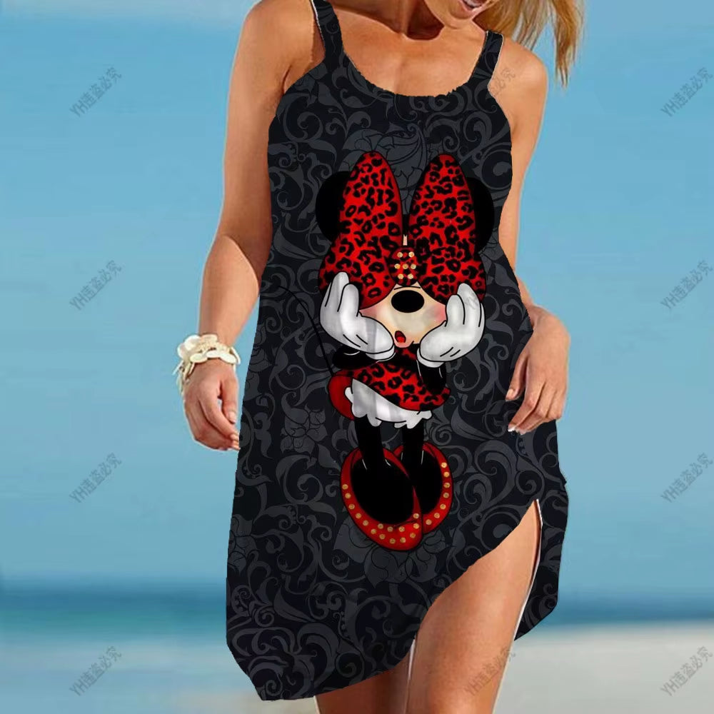 Women'S Causal O-Neck Sleeveless Ruffled Mini Skirt Bohemian Mickey Mouse Printed Beach Sun Skirt plus Size Loose Fitting Dress