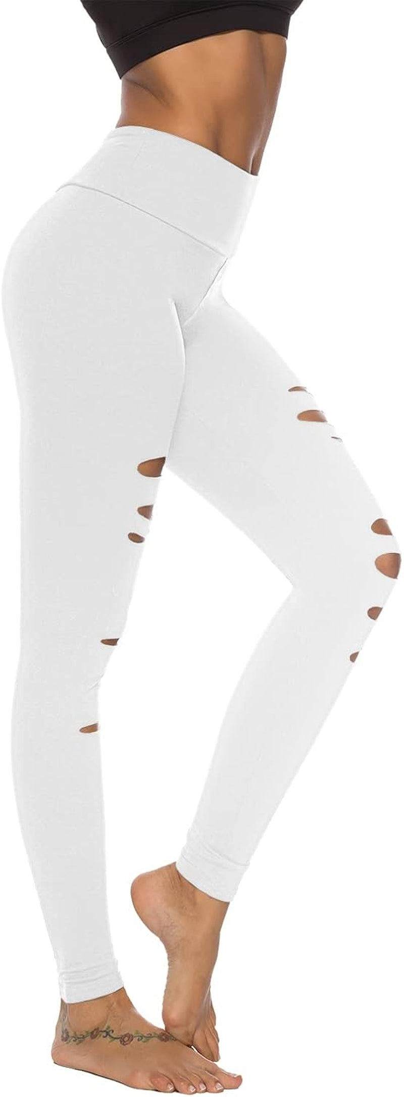 Womens High Waist Yoga Pants Cutout Ripped Tummy Control Workout Running Yoga Skinny Leggings