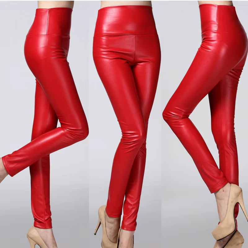 Lady Stretched High Waist Fashion Street Leggings Women Solid Silver Golden Sexy Pants Bright Imitation Leather Costume Legging