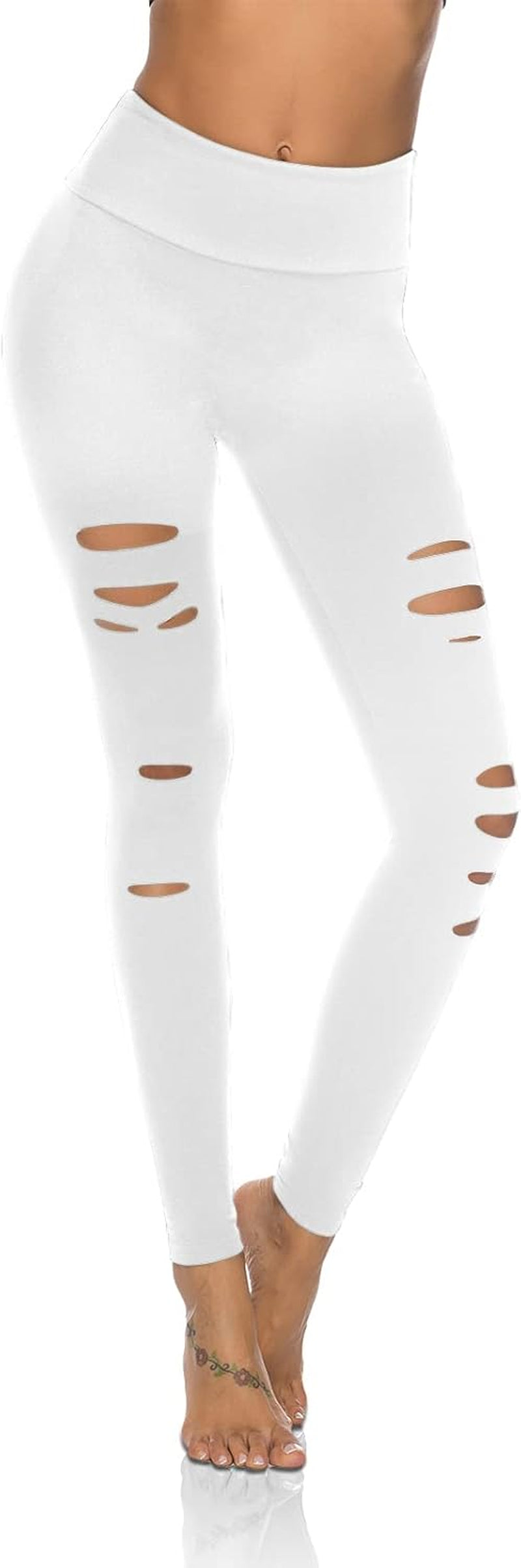 Womens High Waist Yoga Pants Cutout Ripped Tummy Control Workout Running Yoga Skinny Leggings