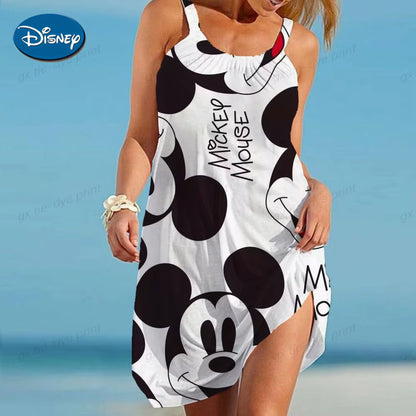 Women'S Causal O-Neck Sleeveless Ruffled Mini Skirt Bohemian Mickey Mouse Printed Beach Sun Skirt plus Size Loose Fitting Dress