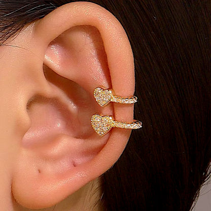 Korean Fashion Crystal Heart Ear Clip Earrings for Women Jewelry Ear Cuffs without Hole Single Double Layer Heart Fake Earrings