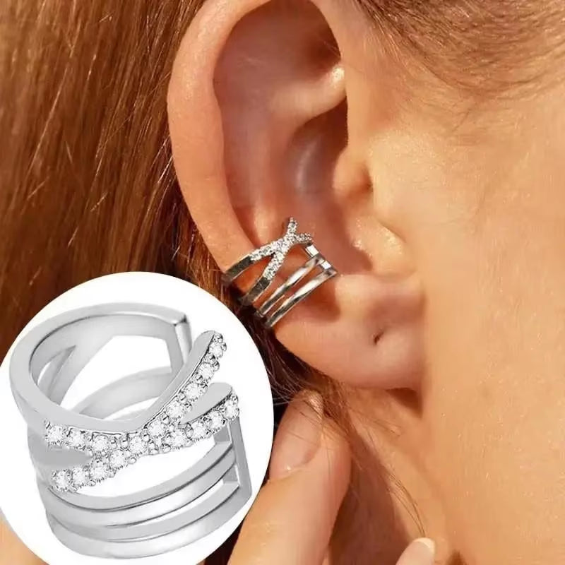 Korean Fashion Crystal Heart Ear Clip Earrings for Women Jewelry Ear Cuffs without Hole Single Double Layer Heart Fake Earrings