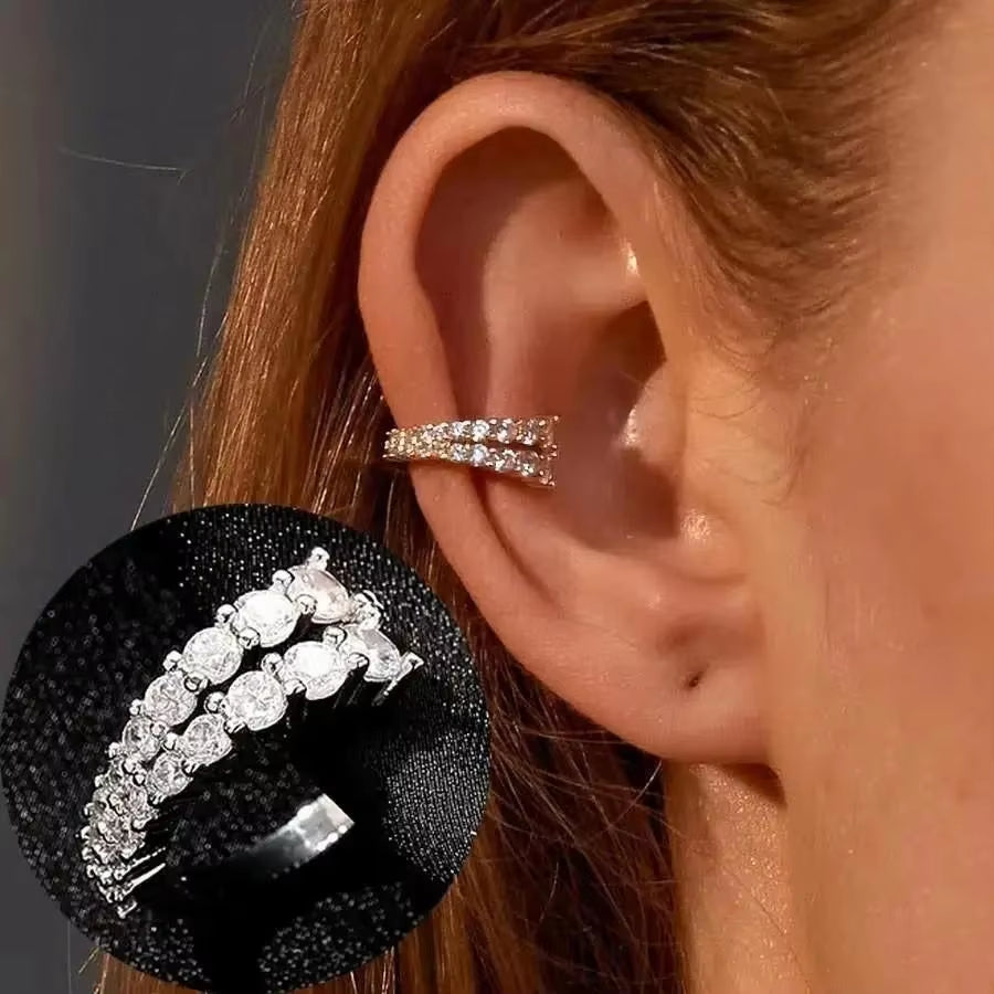 Korean Fashion Crystal Heart Ear Clip Earrings for Women Jewelry Ear Cuffs without Hole Single Double Layer Heart Fake Earrings