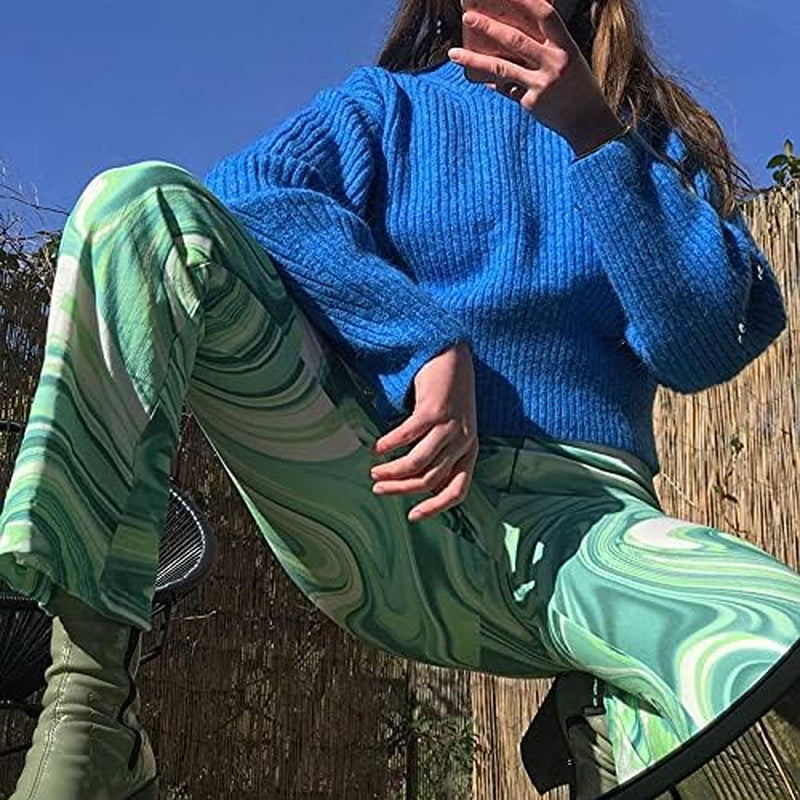 Y2K Pants for Women-Tiedye Printed High Waisted Flare Bell Wide Bottom Trousers Boho Green L