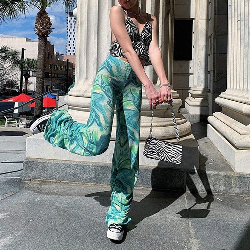 Y2K Pants for Women-Tiedye Printed High Waisted Flare Bell Wide Bottom Trousers Boho Green L