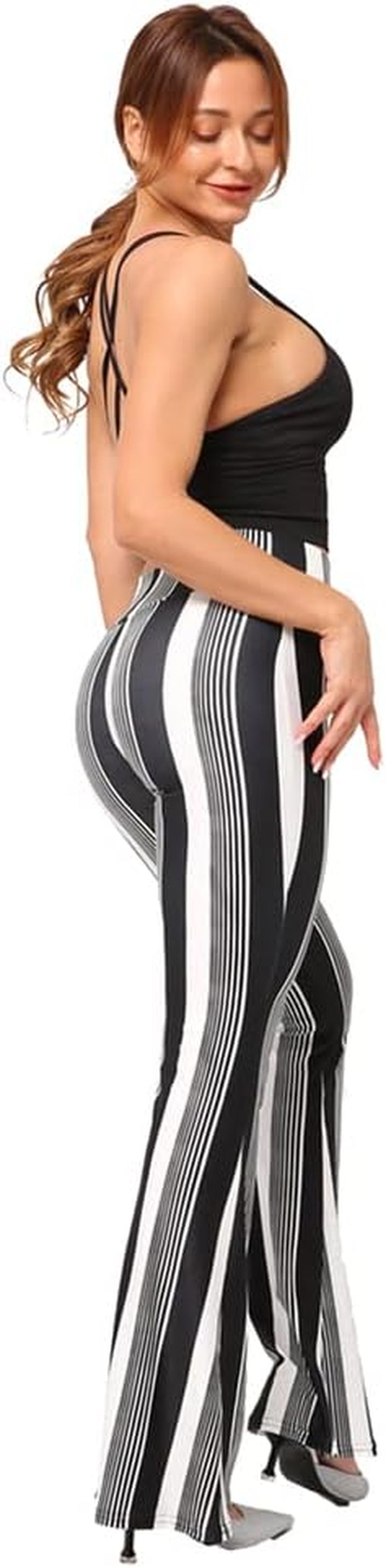 Women'S Ladies High Waist Boho Stripe Floral Print Flare Bell Bottoms Wide Leg Palazzo Yoga Pants Stretchy 70S Flared Leggings Long Trousers Black- Stripe Small-Medium