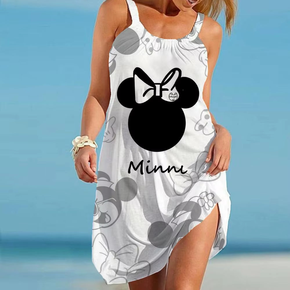 Women'S Causal O-Neck Sleeveless Ruffled Mini Skirt Bohemian Mickey Mouse Printed Beach Sun Skirt plus Size Loose Fitting Dress