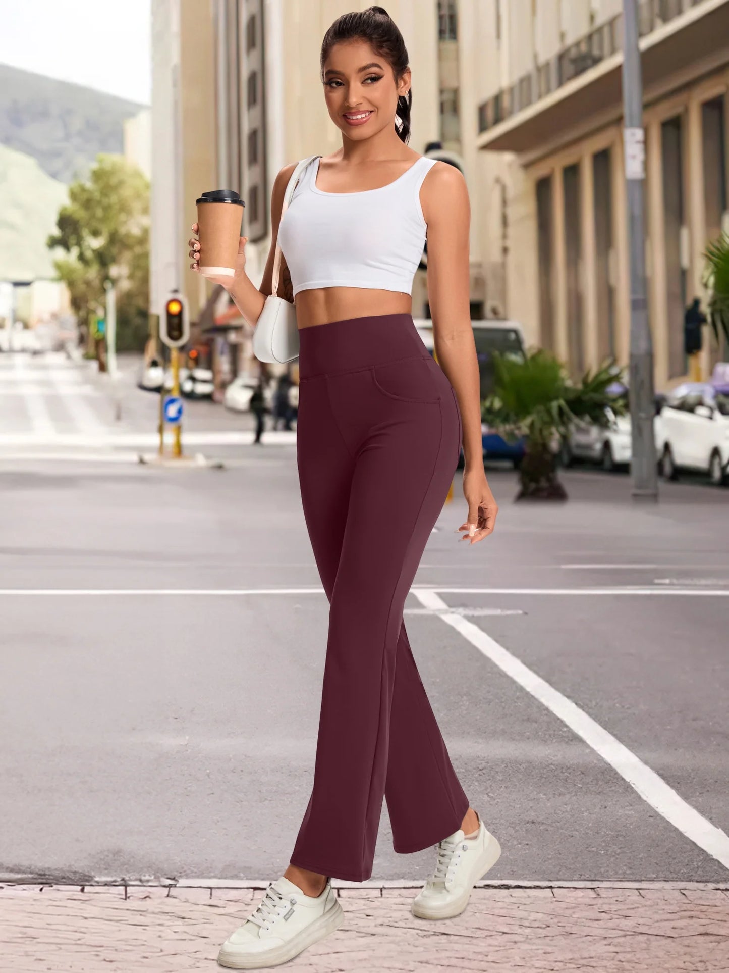 Women Flare Yoga Pants Workout Leggings Bootcut Bottoms Ankle Length Pockets High Waist Activewear M