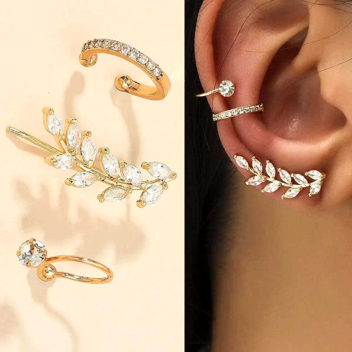 Korean Fashion Crystal Heart Ear Clip Earrings for Women Jewelry Ear Cuffs without Hole Single Double Layer Heart Fake Earrings