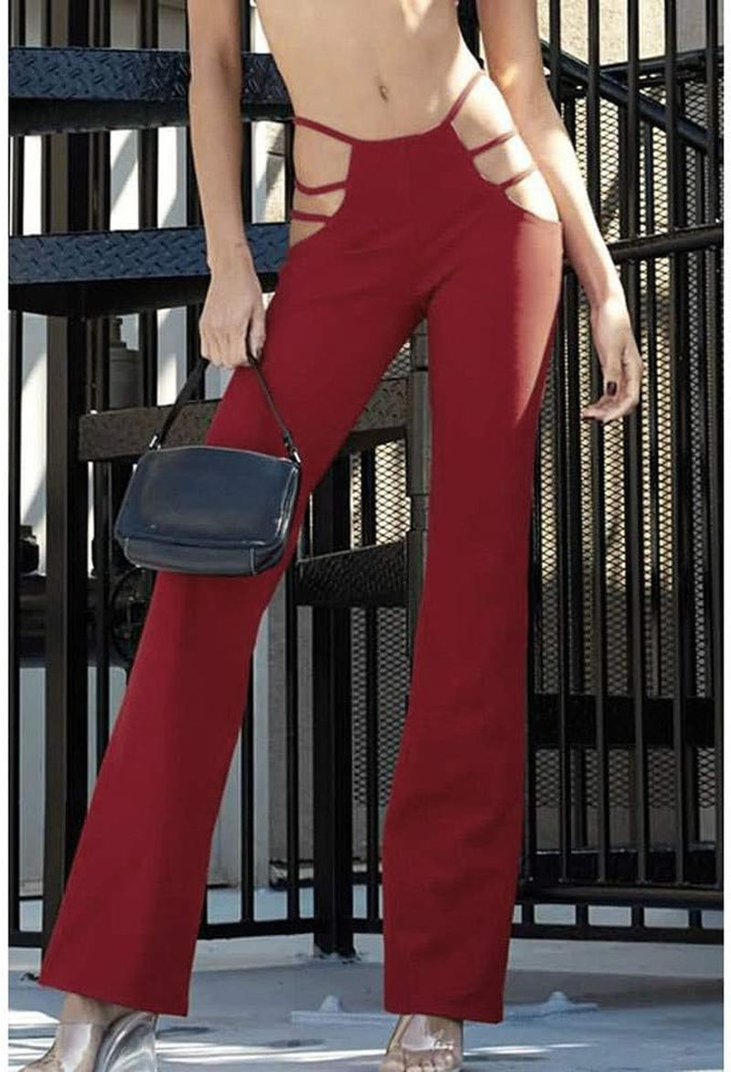 Women'S Casual High Waist Cutout Bandage Pants Sexy Bell-Bottomed Elastic Trousers Solid Flare Streetwear