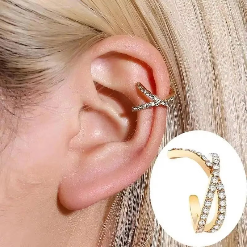 Korean Fashion Crystal Heart Ear Clip Earrings for Women Jewelry Ear Cuffs without Hole Single Double Layer Heart Fake Earrings