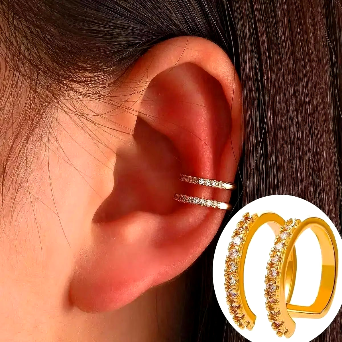 Korean Fashion Crystal Heart Ear Clip Earrings for Women Jewelry Ear Cuffs without Hole Single Double Layer Heart Fake Earrings