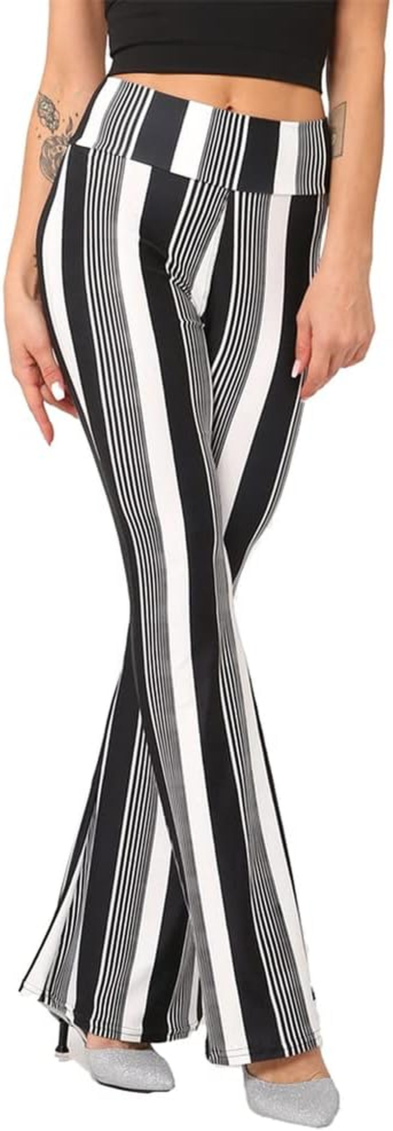 Women'S Ladies High Waist Boho Stripe Floral Print Flare Bell Bottoms Wide Leg Palazzo Yoga Pants Stretchy 70S Flared Leggings Long Trousers Black- Stripe Small-Medium