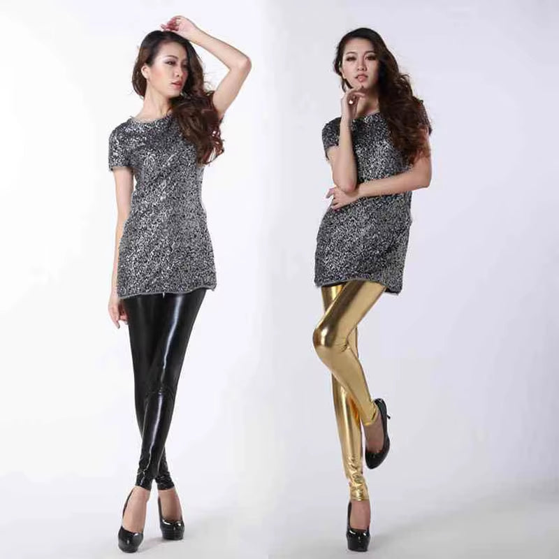 Lady Stretched High Waist Fashion Street Leggings Women Solid Silver Golden Sexy Pants Bright Imitation Leather Costume Legging