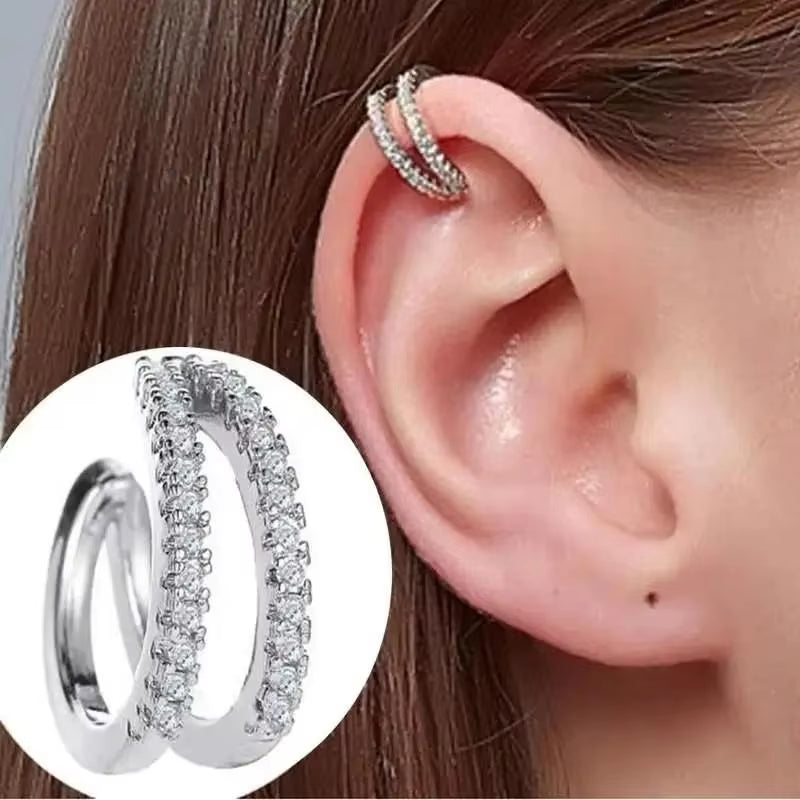 Korean Fashion Crystal Heart Ear Clip Earrings for Women Jewelry Ear Cuffs without Hole Single Double Layer Heart Fake Earrings
