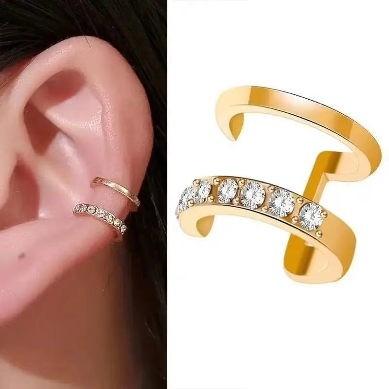 Korean Fashion Crystal Heart Ear Clip Earrings for Women Jewelry Ear Cuffs without Hole Single Double Layer Heart Fake Earrings