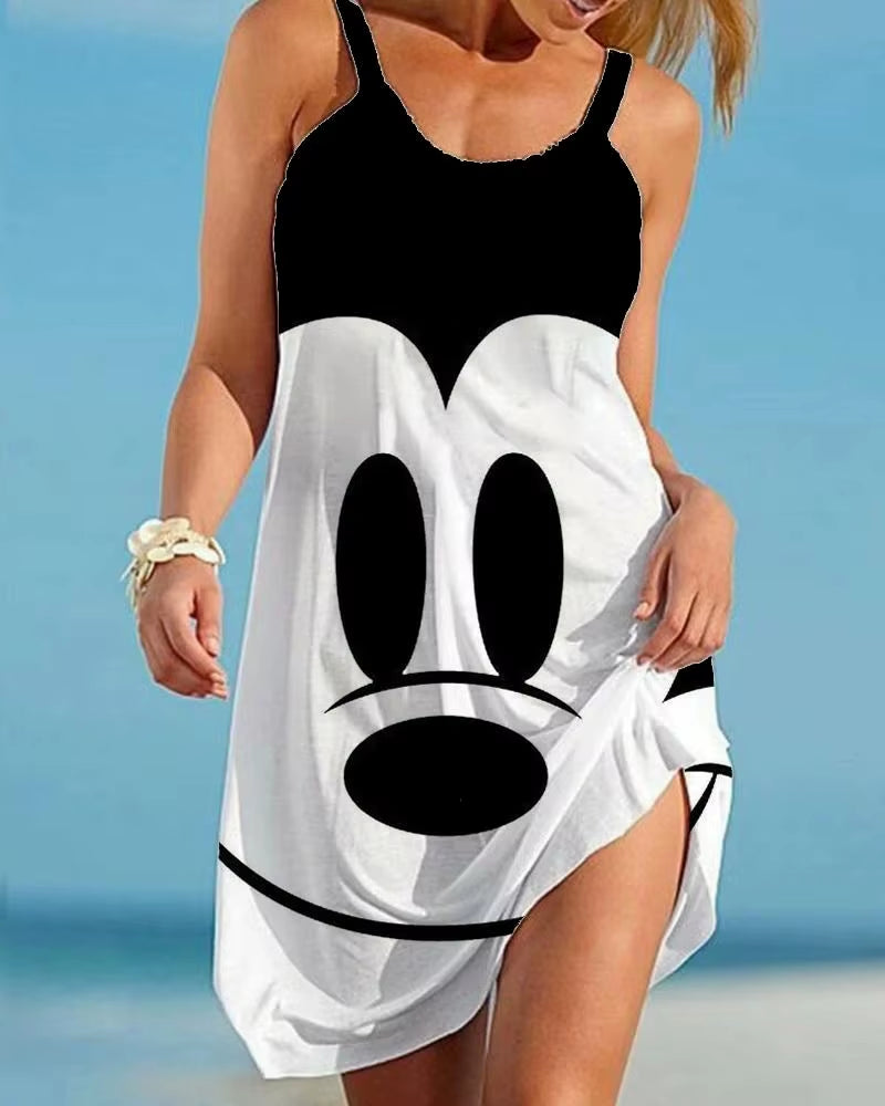 Women'S Causal O-Neck Sleeveless Ruffled Mini Skirt Bohemian Mickey Mouse Printed Beach Sun Skirt plus Size Loose Fitting Dress