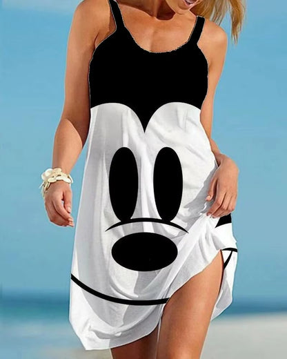 Women'S Causal O-Neck Sleeveless Ruffled Mini Skirt Bohemian Mickey Mouse Printed Beach Sun Skirt plus Size Loose Fitting Dress
