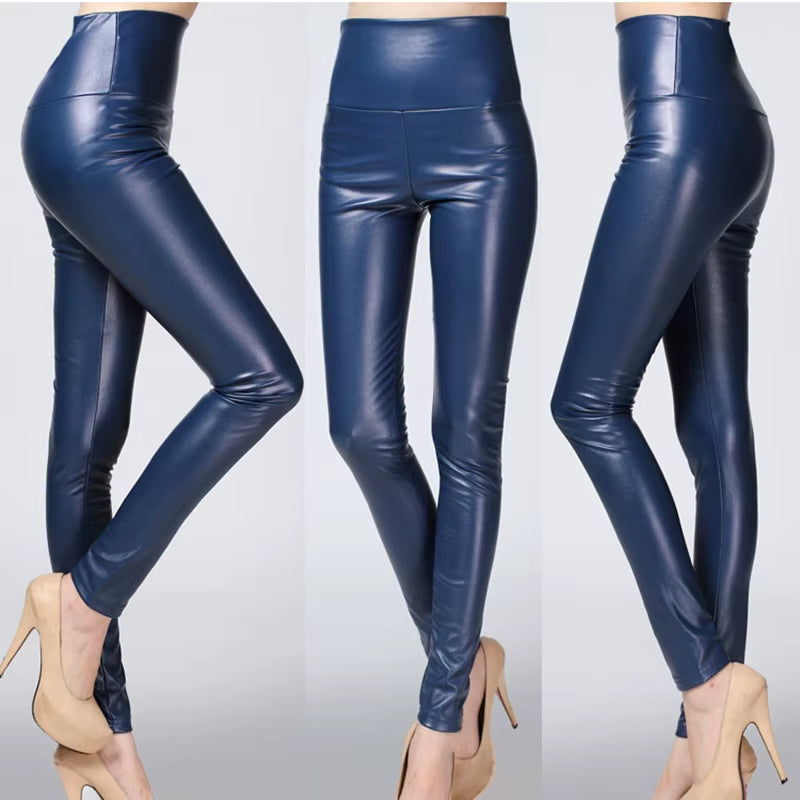 Lady Stretched High Waist Fashion Street Leggings Women Solid Silver Golden Sexy Pants Bright Imitation Leather Costume Legging