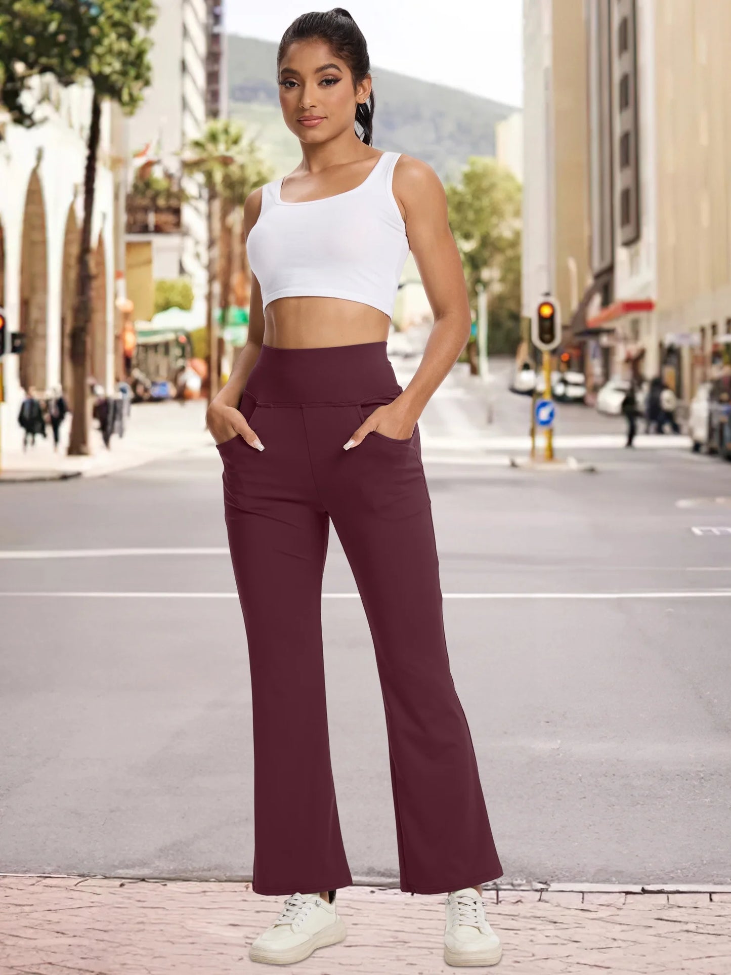 Women Flare Yoga Pants Workout Leggings Bootcut Bottoms Ankle Length Pockets High Waist Activewear M