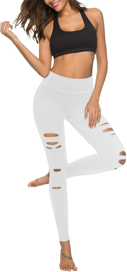 Womens High Waist Yoga Pants Cutout Ripped Tummy Control Workout Running Yoga Skinny Leggings
