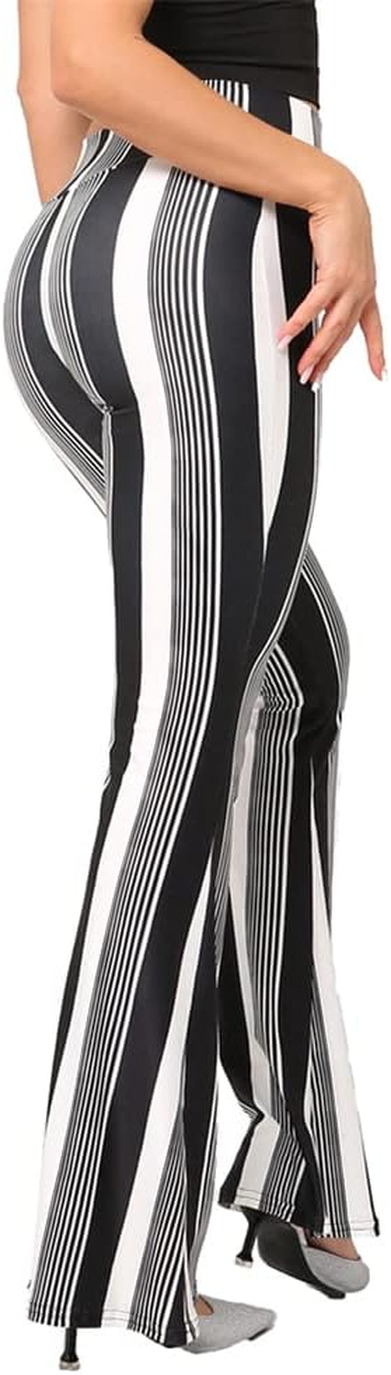 Women'S Ladies High Waist Boho Stripe Floral Print Flare Bell Bottoms Wide Leg Palazzo Yoga Pants Stretchy 70S Flared Leggings Long Trousers Black- Stripe Small-Medium