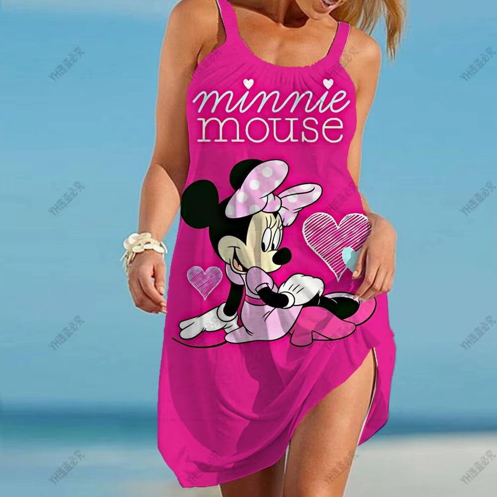 Women'S Causal O-Neck Sleeveless Ruffled Mini Skirt Bohemian Mickey Mouse Printed Beach Sun Skirt plus Size Loose Fitting Dress