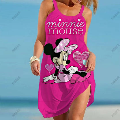 Women'S Causal O-Neck Sleeveless Ruffled Mini Skirt Bohemian Mickey Mouse Printed Beach Sun Skirt plus Size Loose Fitting Dress