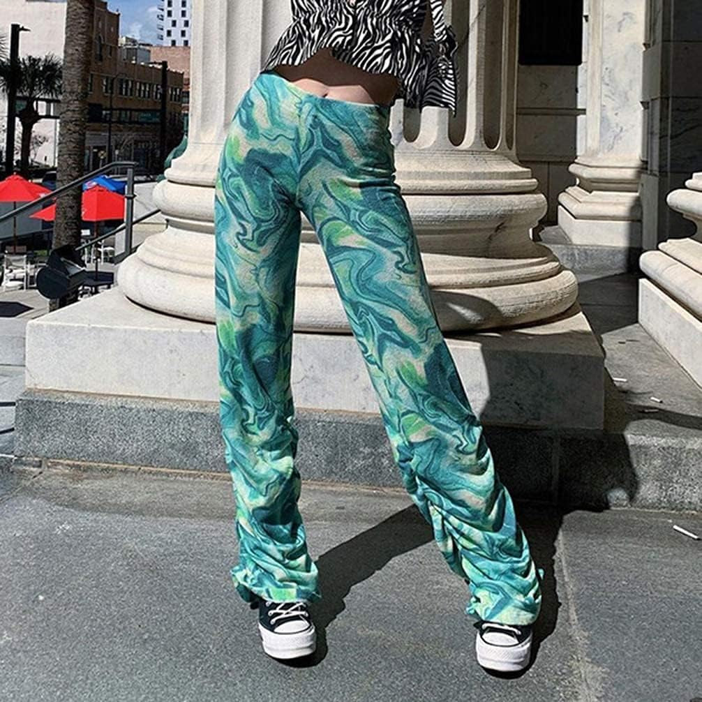 Y2K Pants for Women-Tiedye Printed High Waisted Flare Bell Wide Bottom Trousers Boho Green L