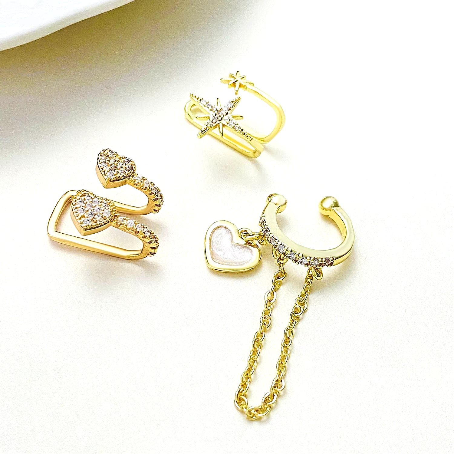 Korean Fashion Crystal Heart Ear Clip Earrings for Women Jewelry Ear Cuffs without Hole Single Double Layer Heart Fake Earrings