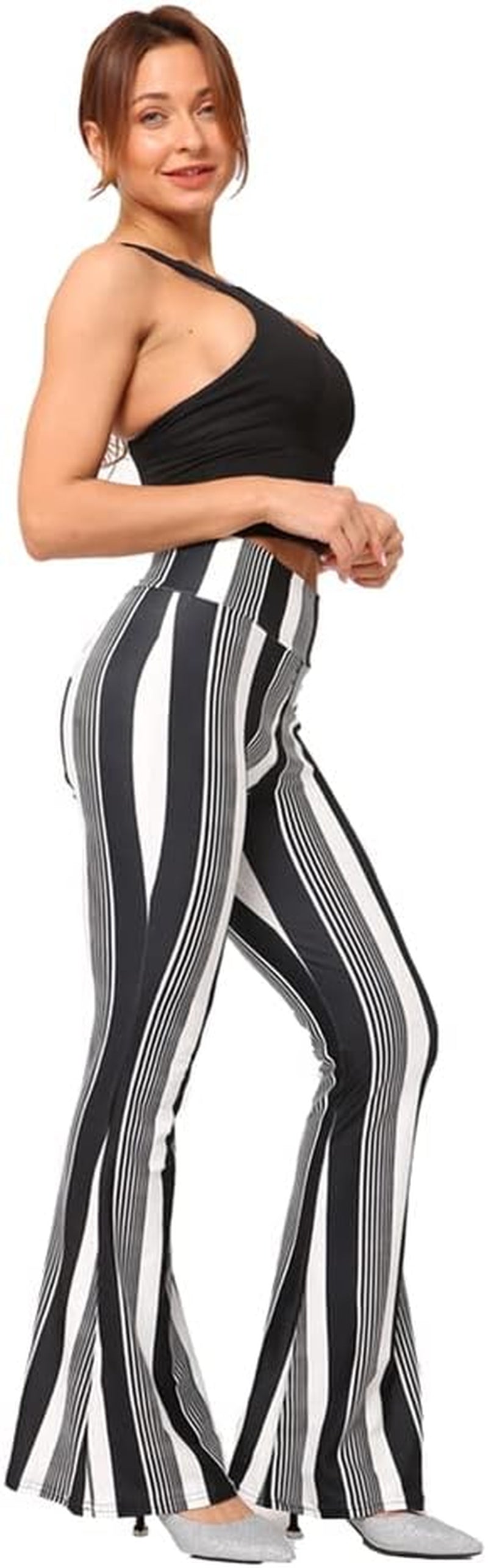 Women'S Ladies High Waist Boho Stripe Floral Print Flare Bell Bottoms Wide Leg Palazzo Yoga Pants Stretchy 70S Flared Leggings Long Trousers Black- Stripe Small-Medium