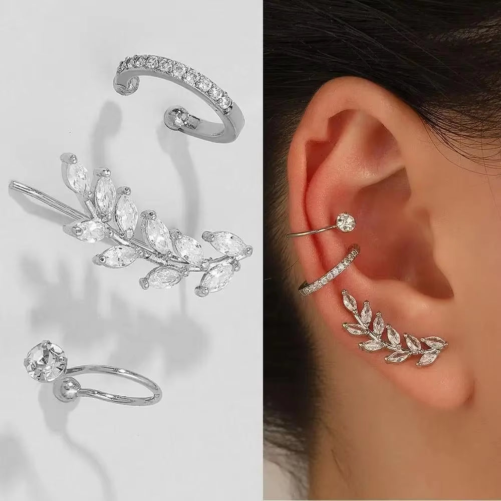 Korean Fashion Crystal Heart Ear Clip Earrings for Women Jewelry Ear Cuffs without Hole Single Double Layer Heart Fake Earrings