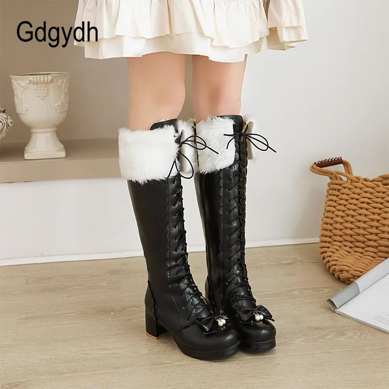 Warm Plush Winter Boots Women Knee High Long Boots Lace up Pink Gothic Lolita Shoes Female Fashion Bow Knot Big Size