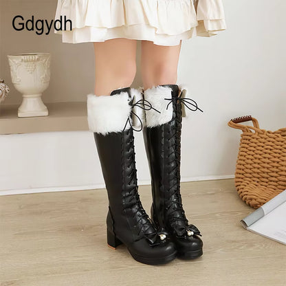 Warm Plush Winter Boots Women Knee High Long Boots Lace up Pink Gothic Lolita Shoes Female Fashion Bow Knot Big Size